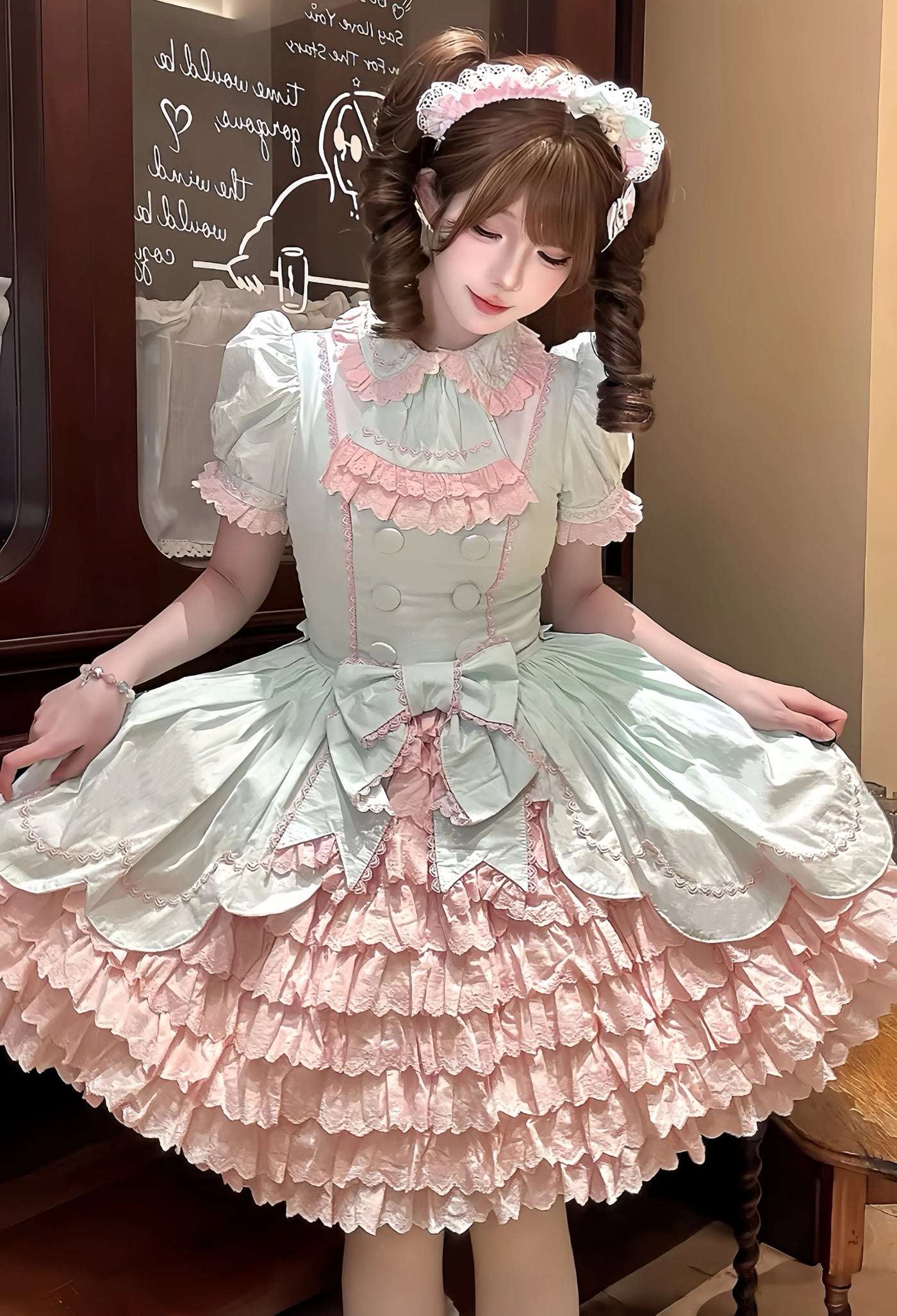 Tata Long Ear - Melon Parfait - Short-Sleeve OP Dress with Layered Ruffles