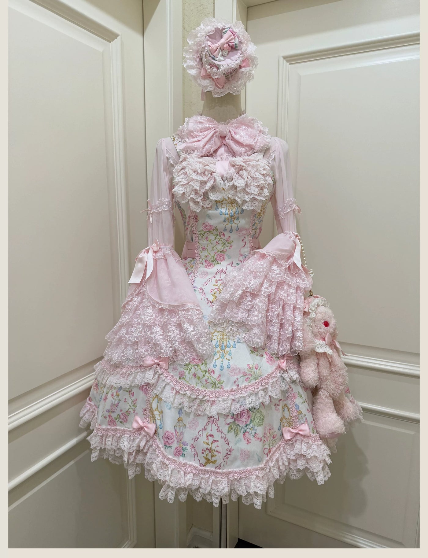 Tata Long Ear - Spring 2025 Floral Wall - Floral Print JSK Dress with Layered Lace Ruffles