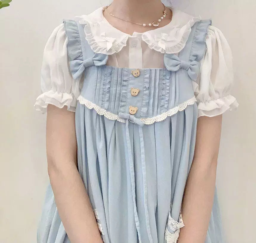 Sweetheart Dream Machine - Ribbon Collar - Short-Sleeve Blouse with a Ruffled Peter Pan Collar