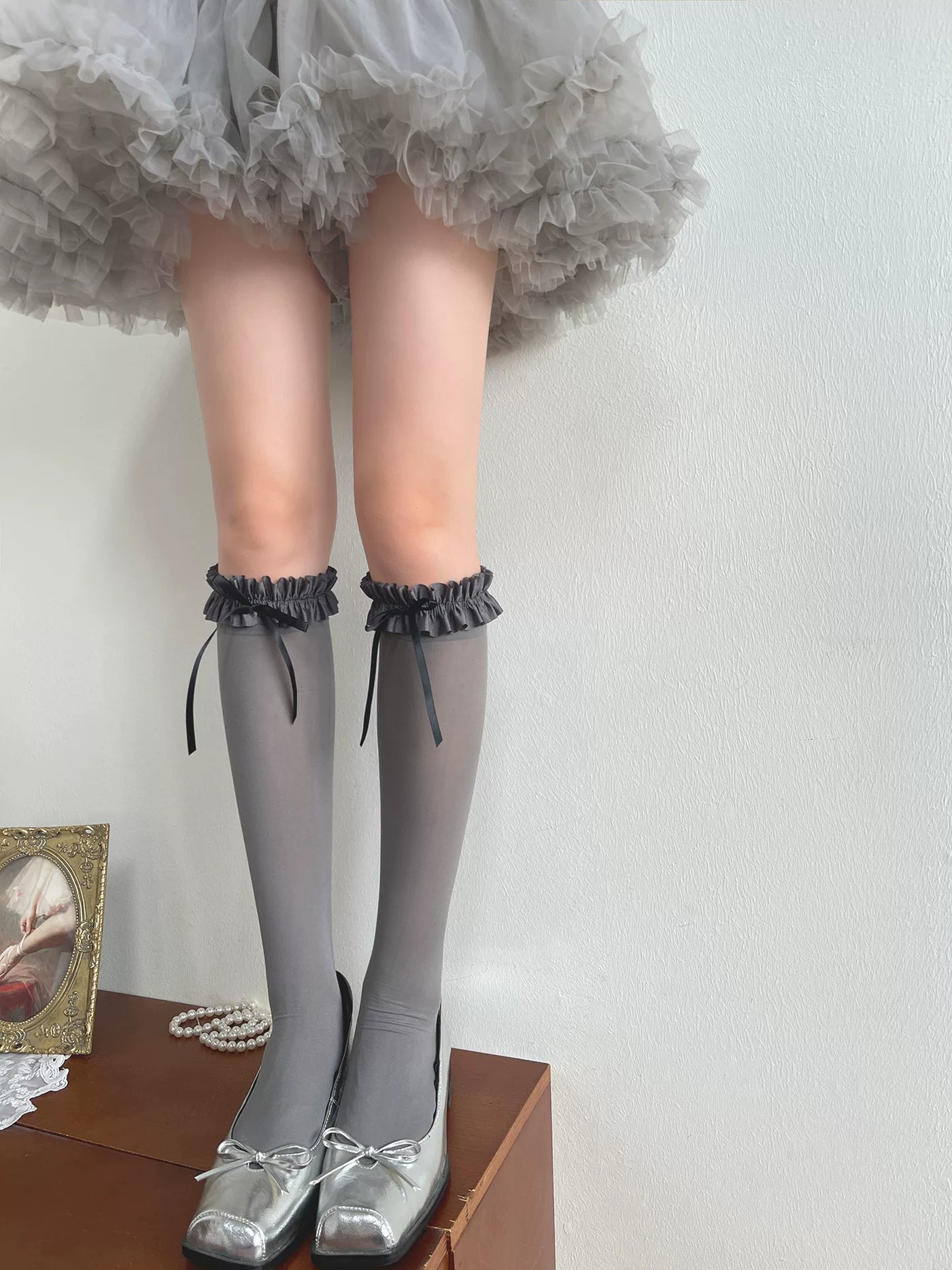 Sock Noble - Gray Ruffle - Velvet Slouch Socks with Bow-Tied Ruffle Cuffs