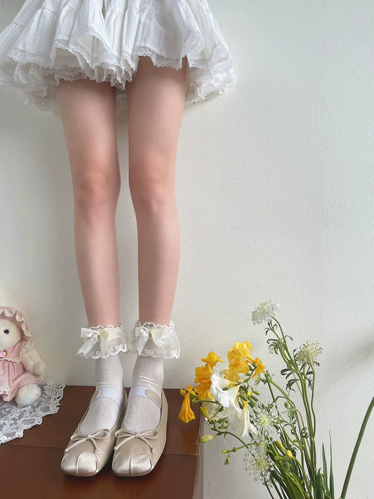 Sock Noble - Fresh Ribbon Lace - Mesh Slouch Socks with Lace Ruffles and Bow Cuffs
