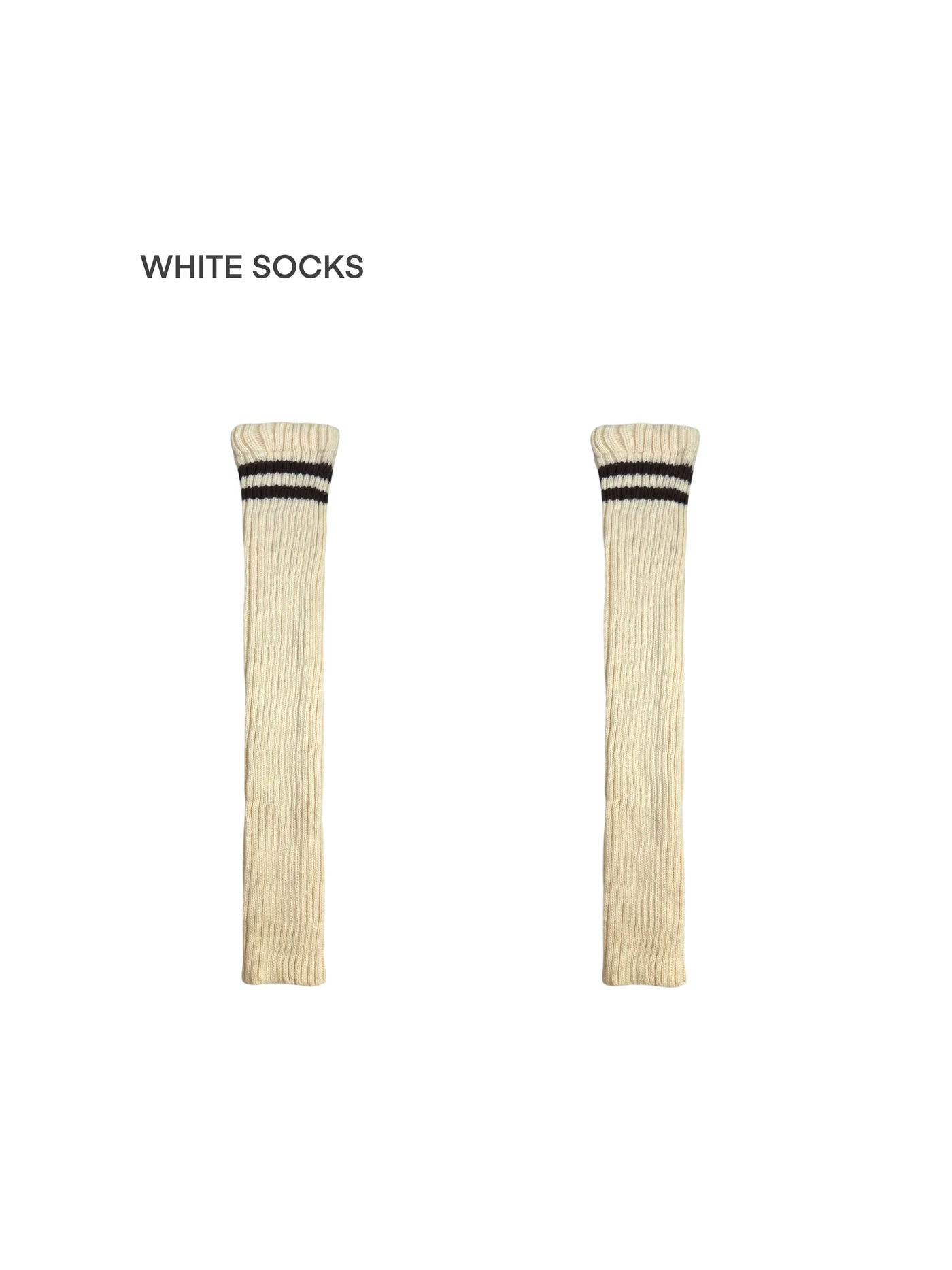 White Socks ribbed slouch leg warmers with double contrast stripes, shown as a pair on white.