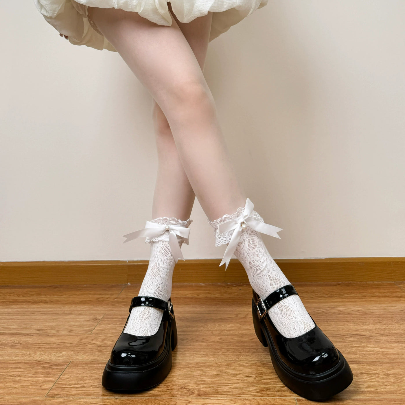 Chubby Bear Tales - Jennifer - Mid-Calf Socks with Openwork Lace and Ribbon Bows