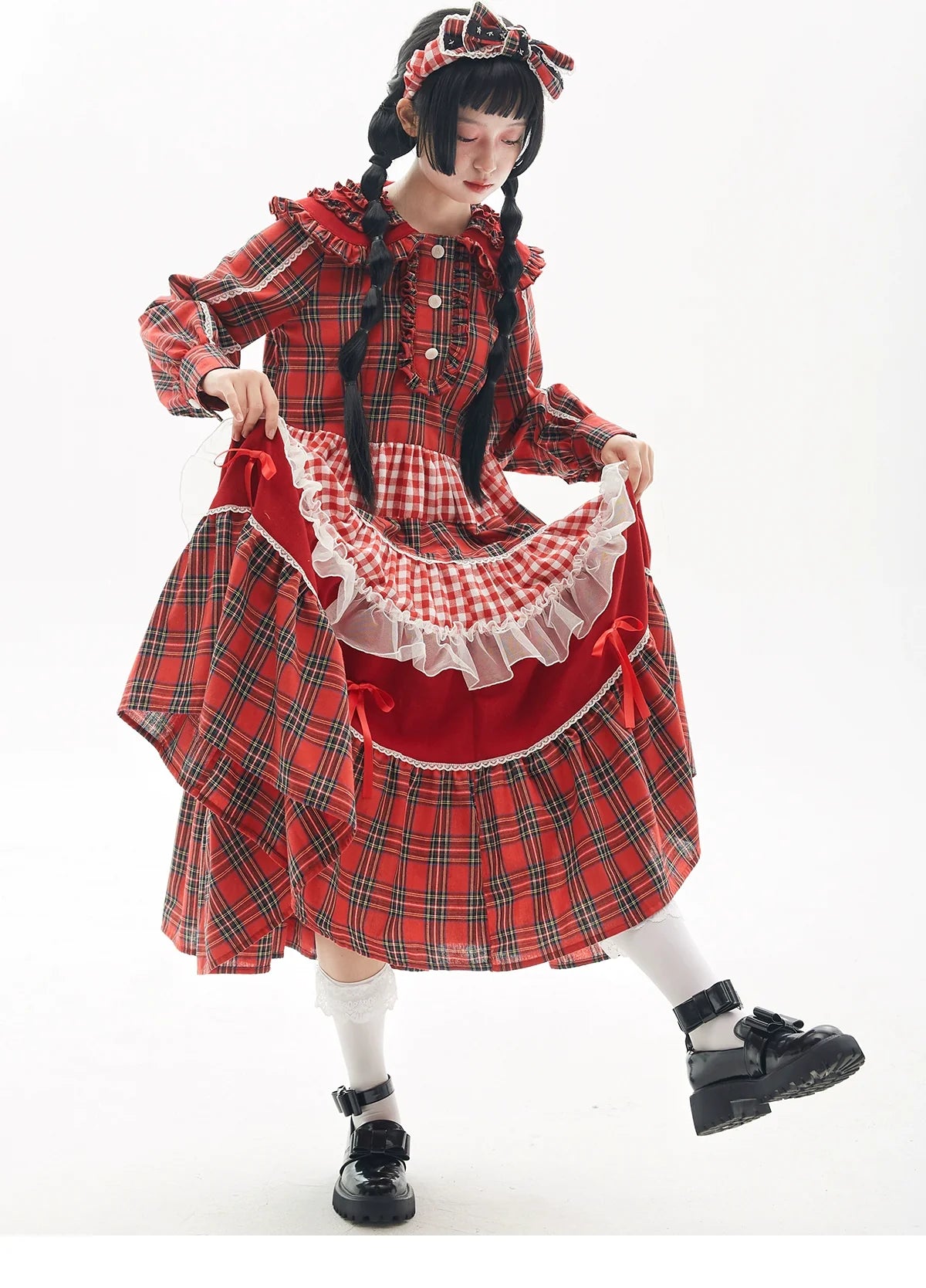 SOS MEME CLUB - Vintage Plaid - Red Vintage Lolita OP dress with a doll collar - product detail 3
