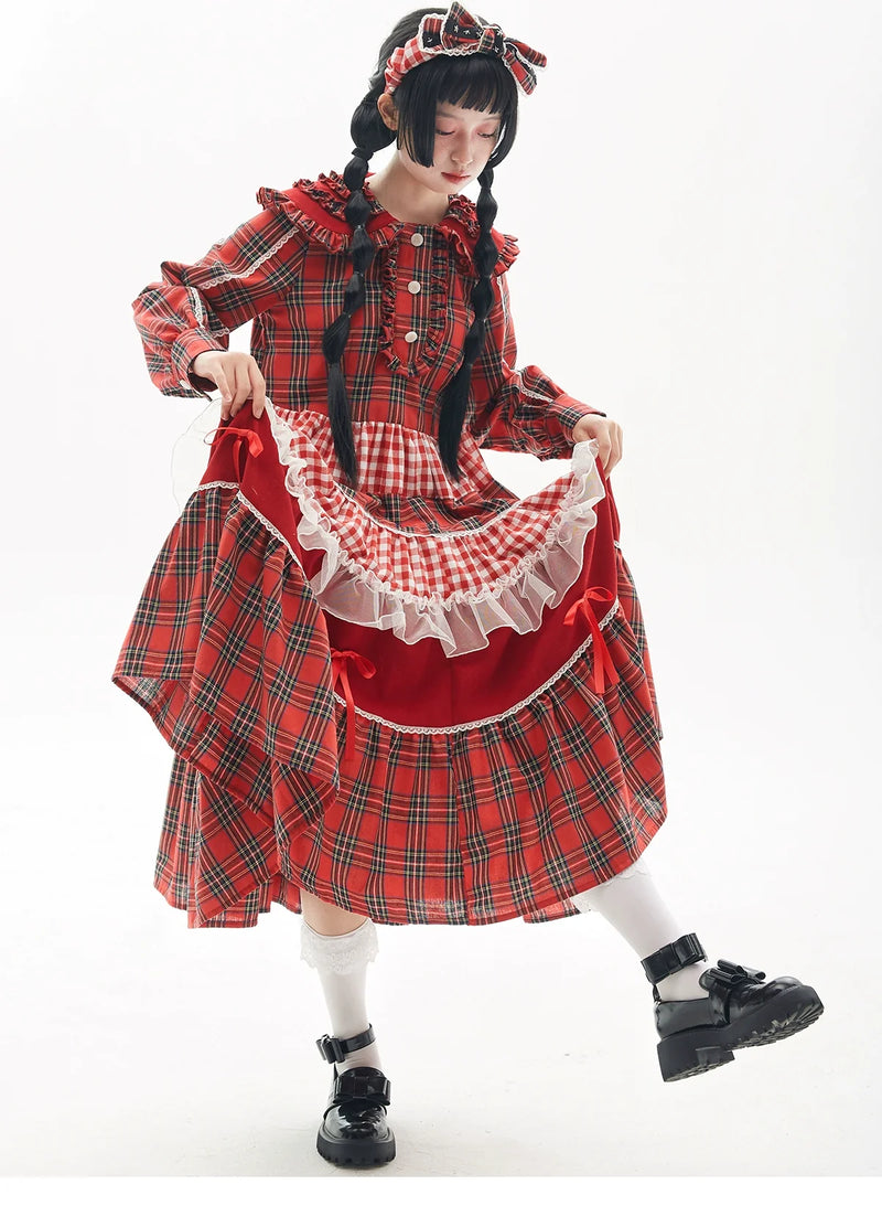 SOS MEME CLUB - Vintage Plaid - Red Vintage Lolita OP dress with a doll collar - product detail 3