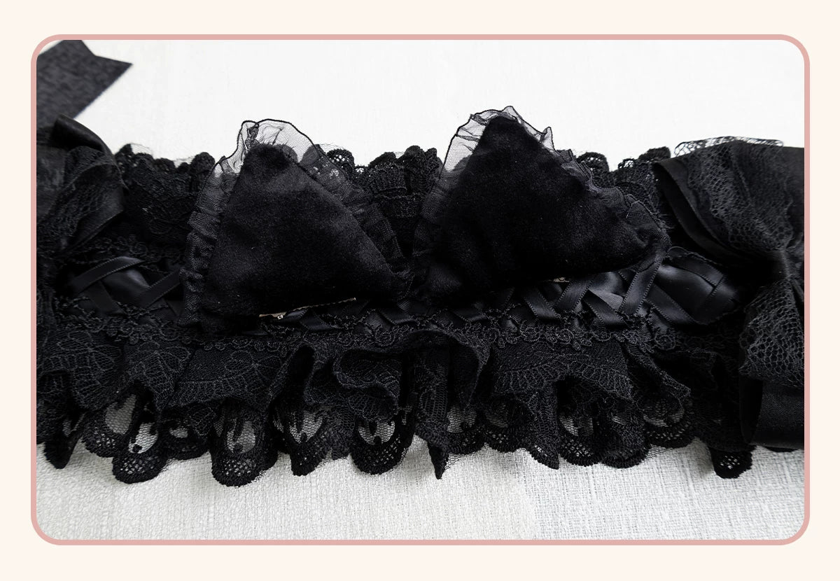 Stardust Rose - A035 Black Lace - Black Lace Headwear and Hand Sleeves with Ribbon Bows