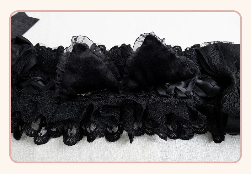 Stardust Rose - A035 Black Lace - Black Lace Headwear and Hand Sleeves with Ribbon Bows