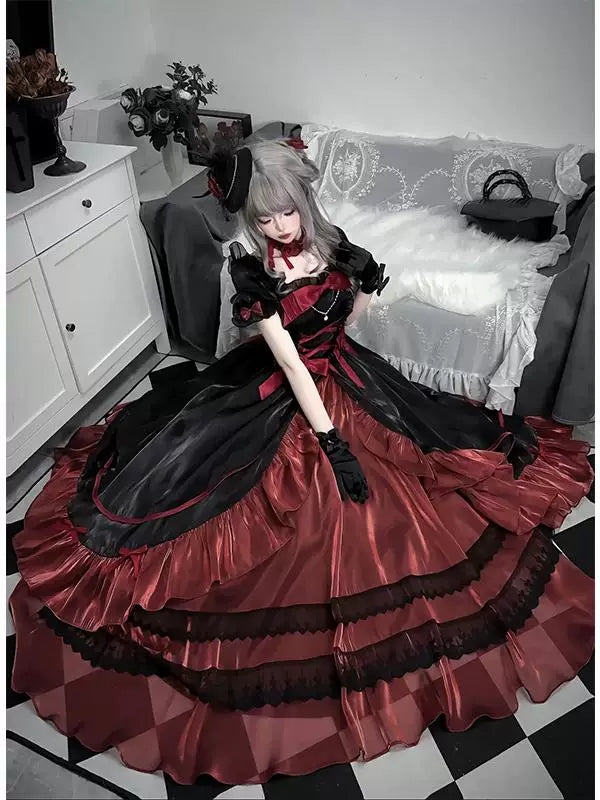 Creamy - Crimson Bride - Black-and-red OP dress with layered red ruffles