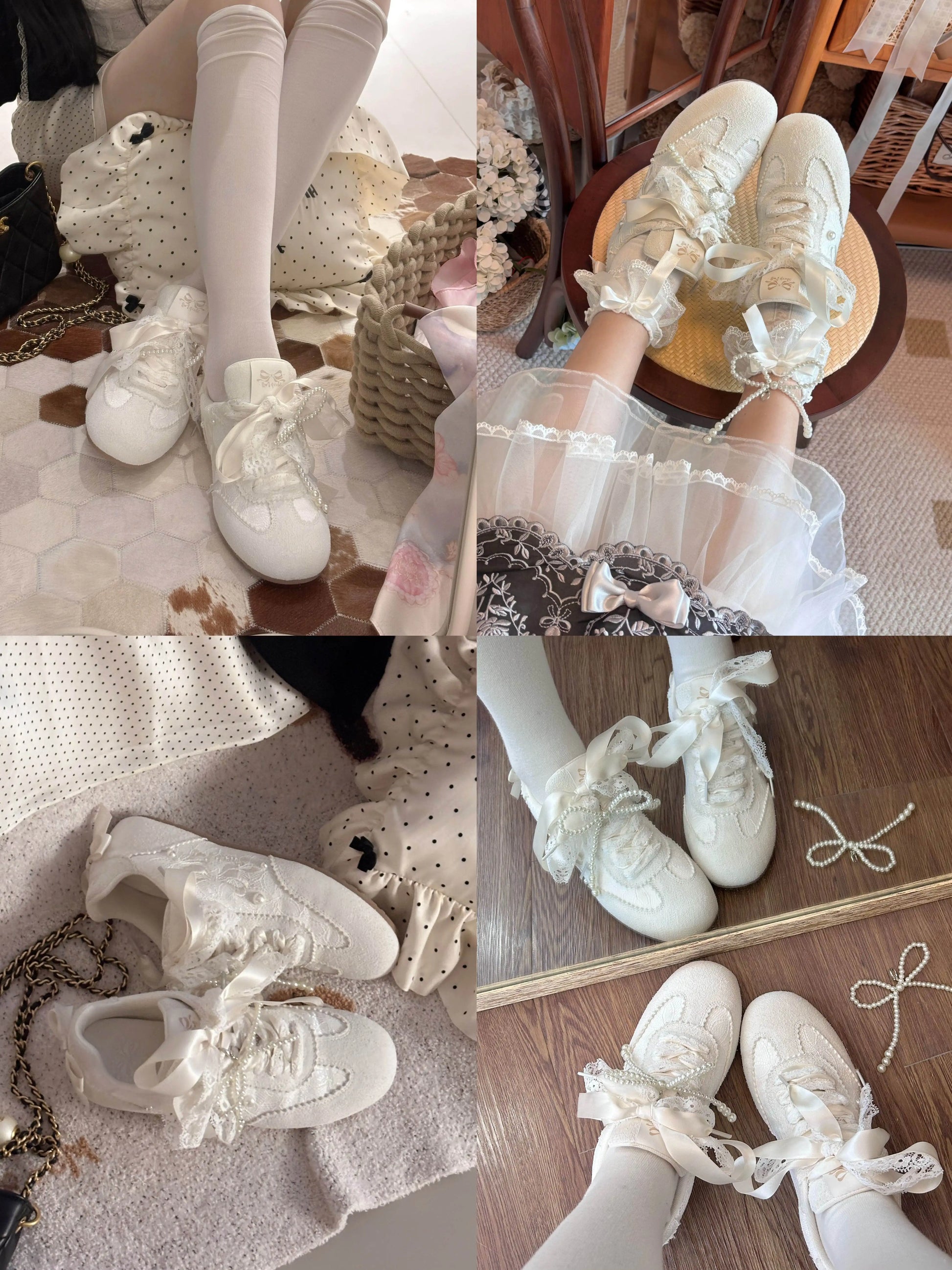 Sheep Puff Dream Lace Lo-Run Lolita Sneakers featuring white lace details and a cute sheep puff design on stylish shoes.