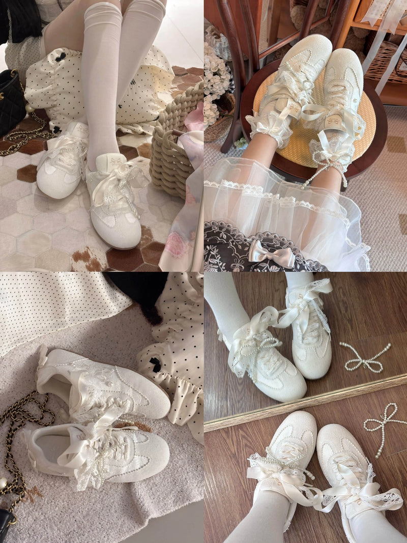 Sheep Puff Dream Lace Lo-Run Lolita Sneakers featuring white lace details and a cute sheep puff design on stylish shoes.