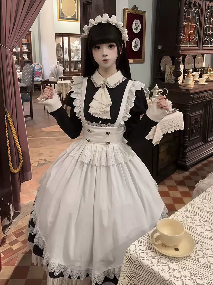 Creamy - Gothic Maid - Long-Sleeve One-Piece Dress and Apron Set with Lace Ruffles