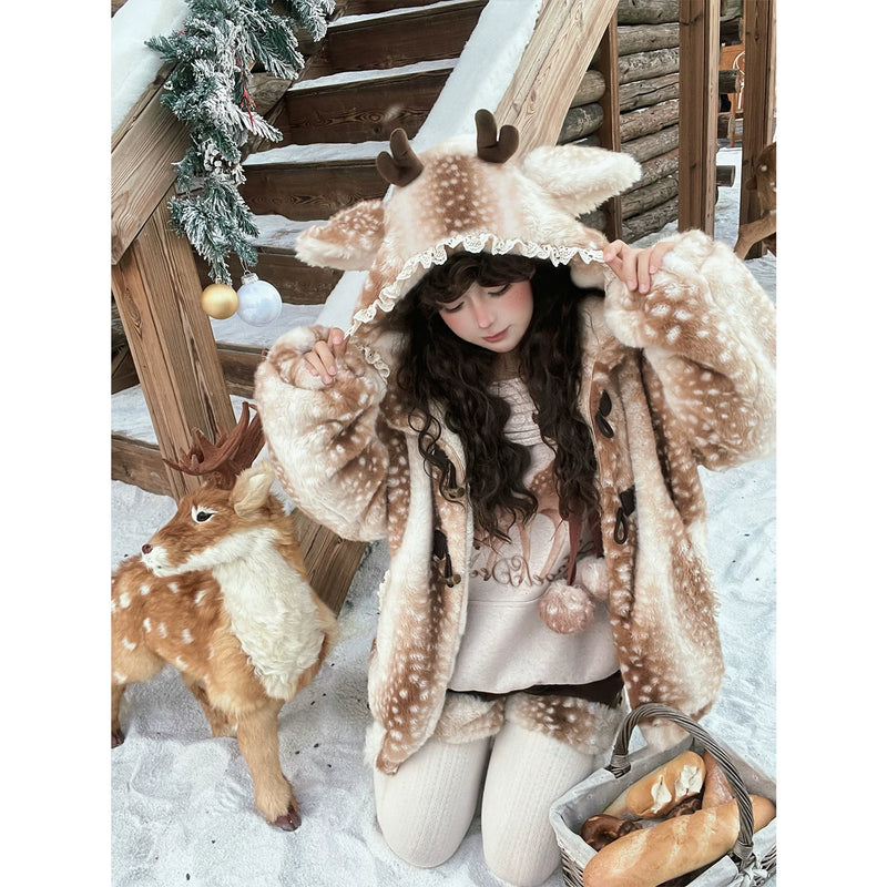 Tan Tuan Deer-Print Faux-Fur Hooded Toggle Coat — additional product view