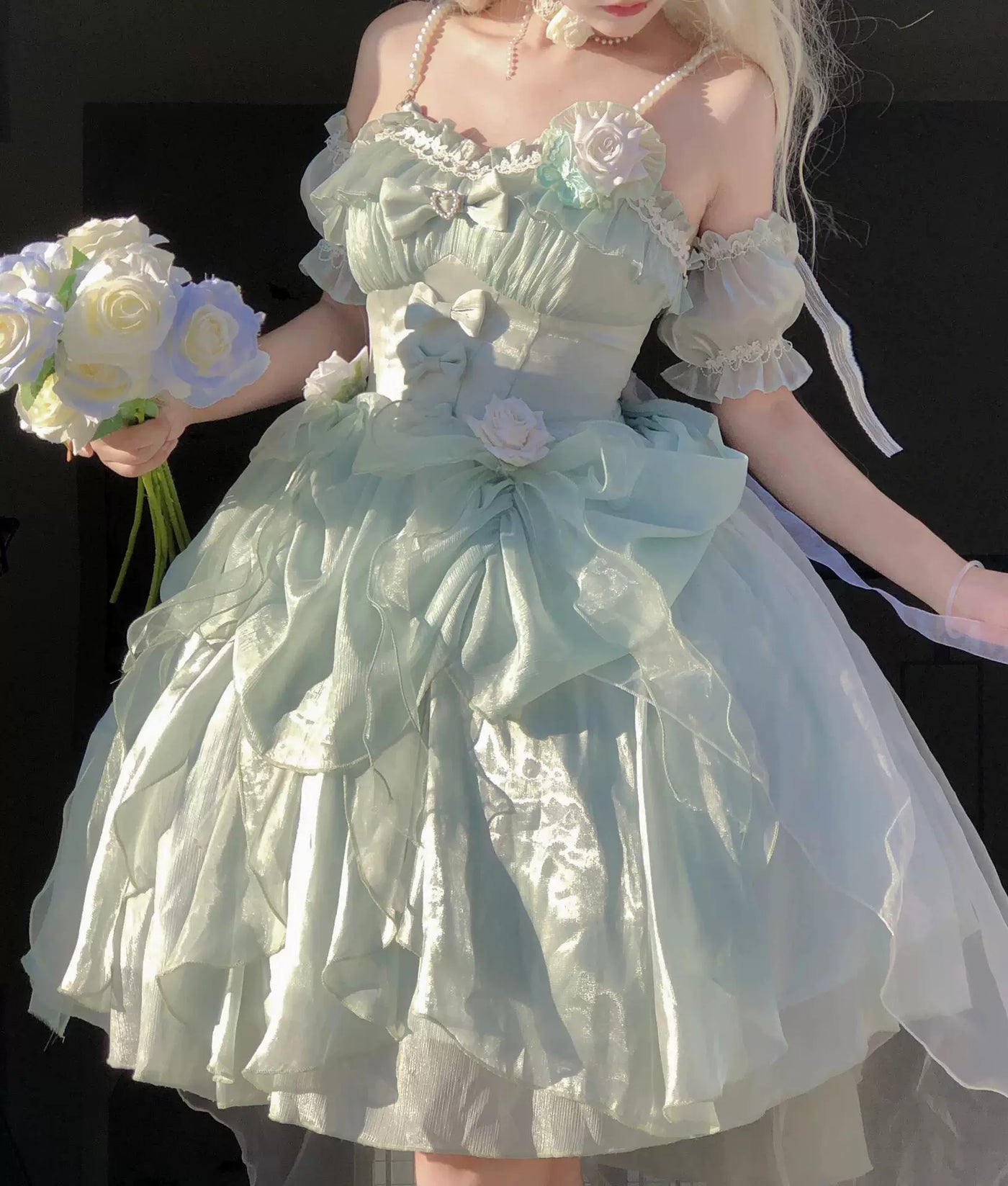 Creamy - Mint Garden Romance - Green JSK with Layered Ruffles and Floral Appliqués