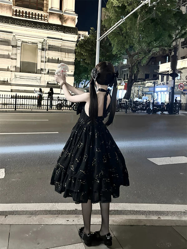 Creamy - Black Shell - Black One-Piece Dress with Gold-Foil Bow Detail
