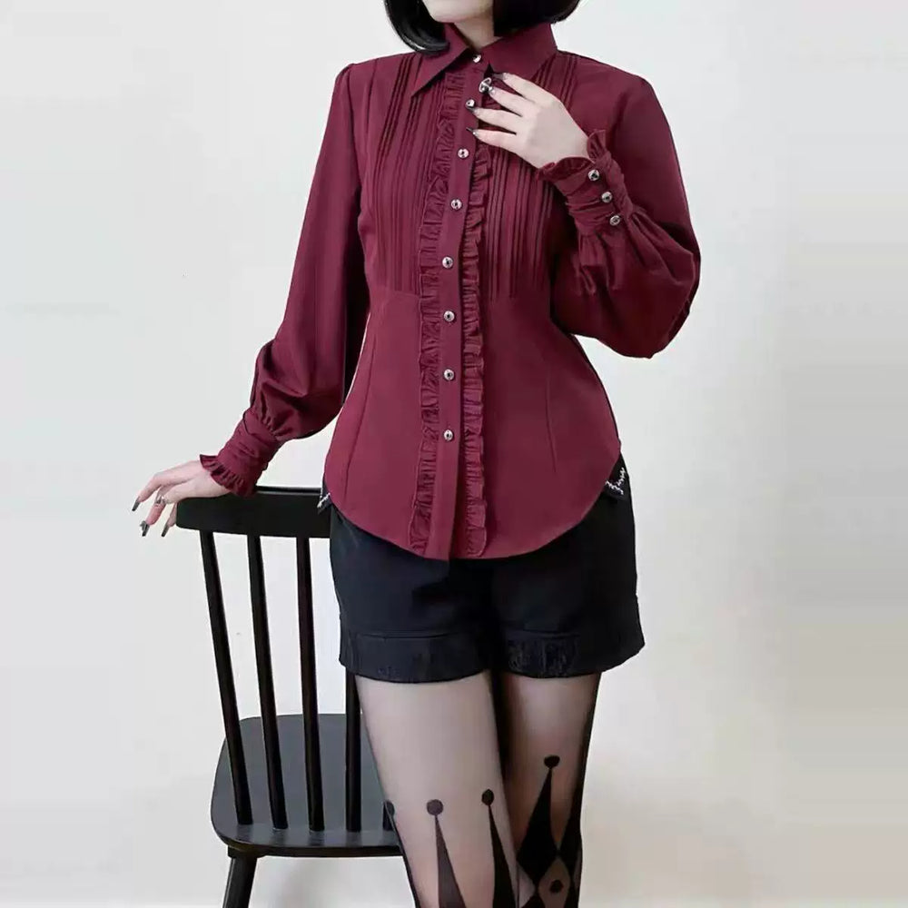Sweetheart Dream Machine burgundy long-sleeve blouse with pintuck pleats and ruffle trim
