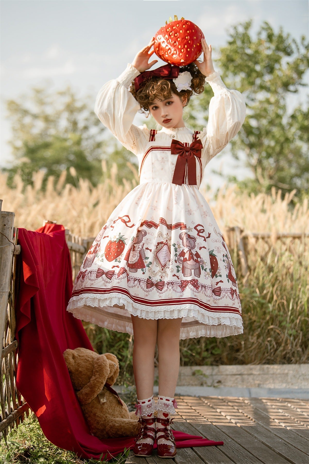 Designer's Gift - Christmas New Year Winter - White Coat and JSK Dress with Red Bow - product detail 12