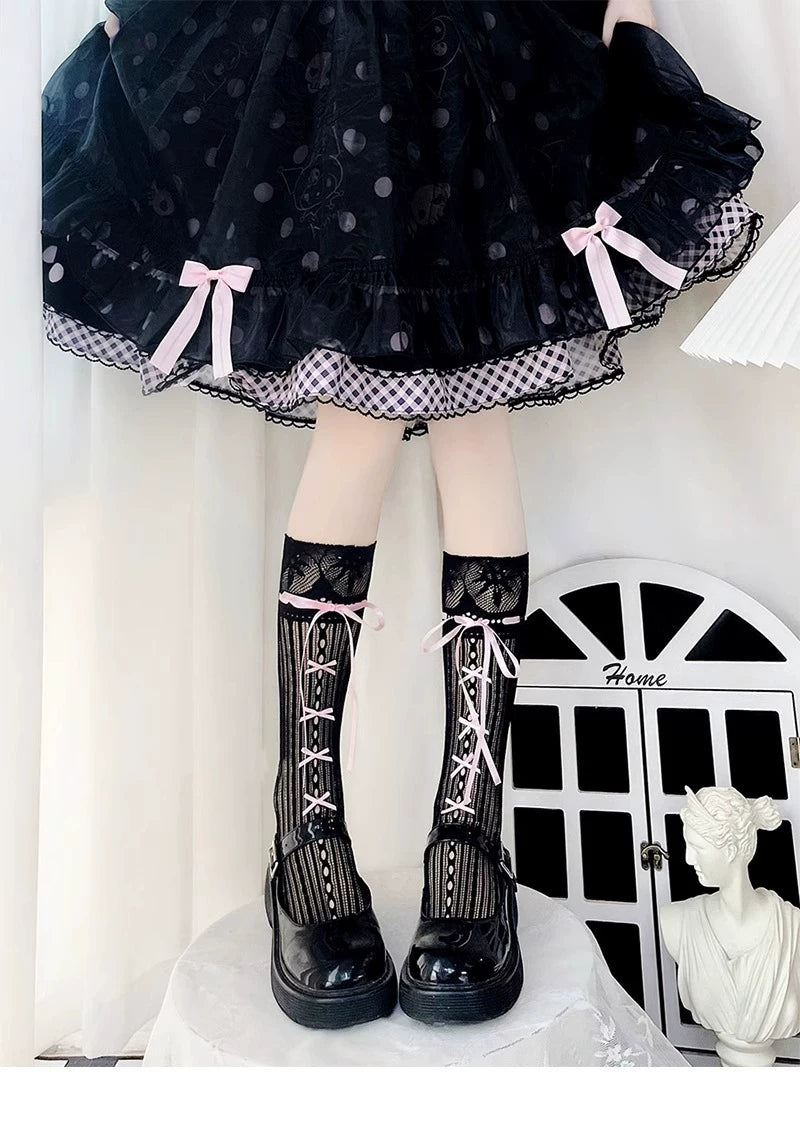 Floral Milk Cat - Ribbon Lace - Thin Lace Calf Socks with Tie Details