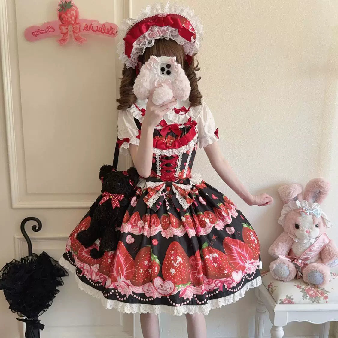 Lady Han Sweet Berry Story JSK dress by Lolita Fetch, featuring a cute, colorful berry print and a classic Lolita silhouette.