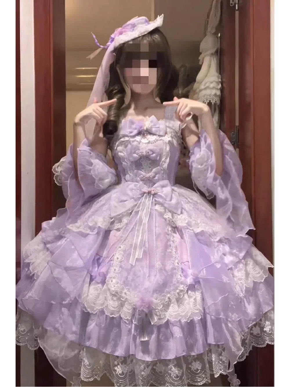 Purple Creamy JSK dress with layered ruffles, lace trim, bows, side clip, and hand sleeves