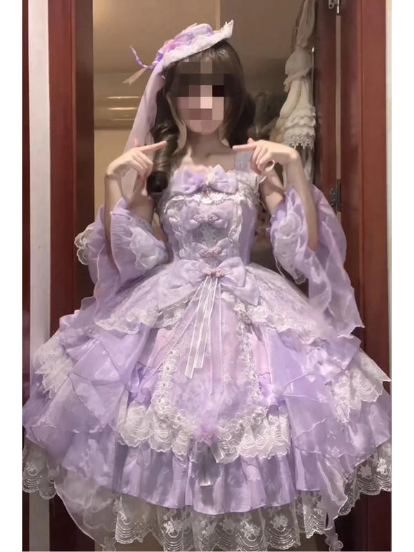 Purple Creamy JSK dress with layered ruffles, lace trim, bows, side clip, and hand sleeves