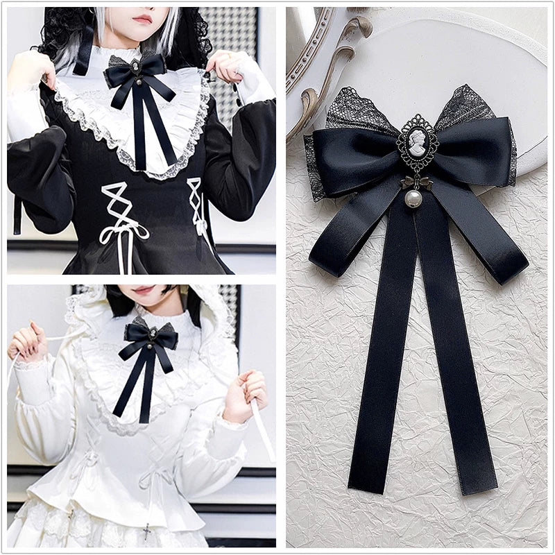 Independent Brand - Cameo Lace - Lace Bow Brooch with Long Ribbon Tails