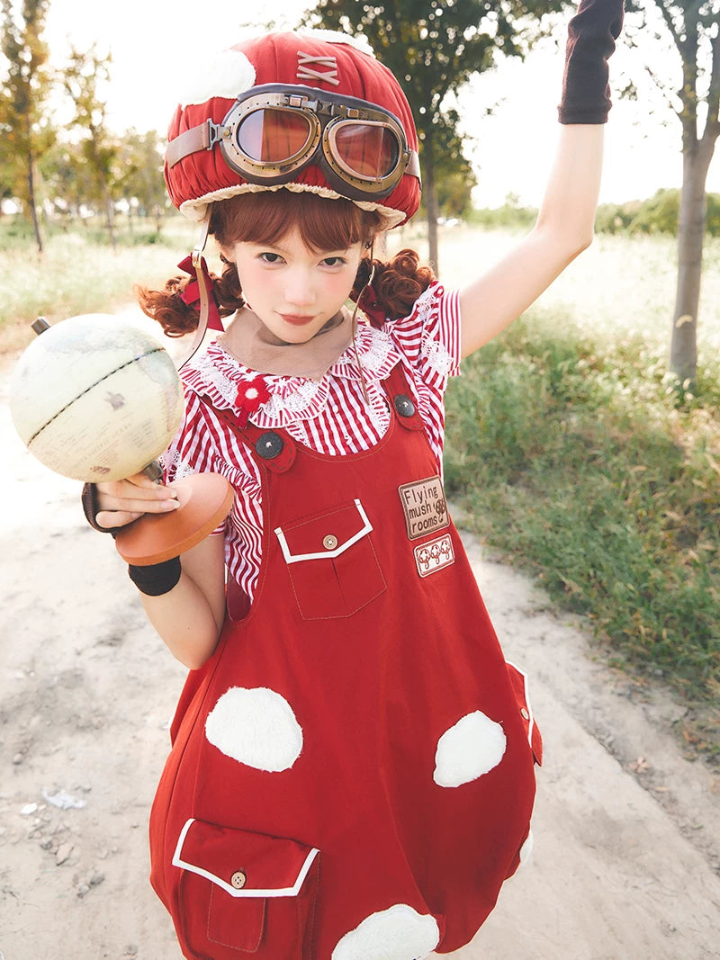 Baozi Pig - Flying Mushroom - Red JSK with white appliqué patches
