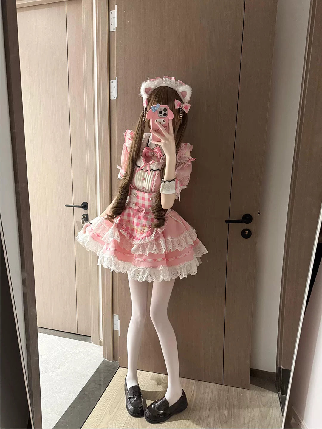 Creamy - Pink Plaid Ribbon - JSK set with a pink plaid suspender skirt