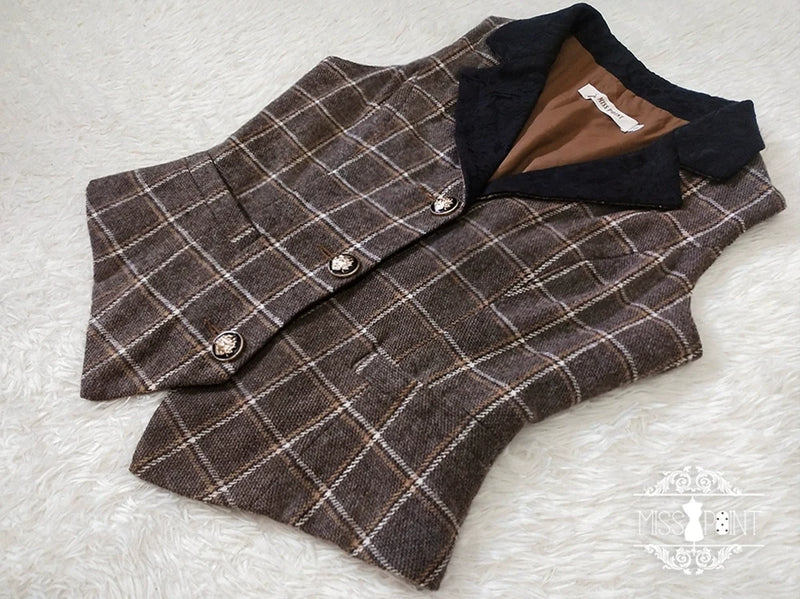(BFM)Miss Point~Rose~Elegant Lolita Pliad Print Vest Customized S dark brown grid (2XL S XL) 32510:385384
