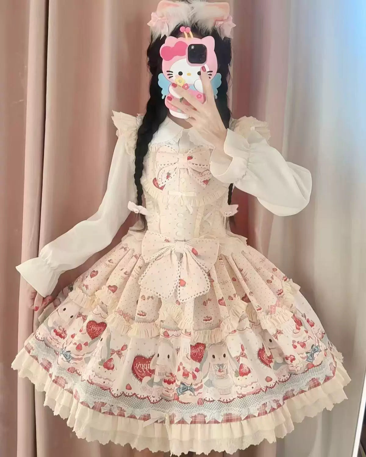 Sweetheart Dream Machine - Cute Rabbit Party - Rabbit-and-Cake Print JSK Dress with Cream Ruffles