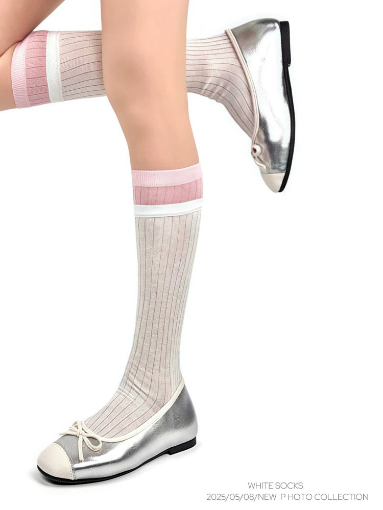 White Socks - Ballet Rib - Mid-Calf Socks with Double-Rib Contrast Cuffs