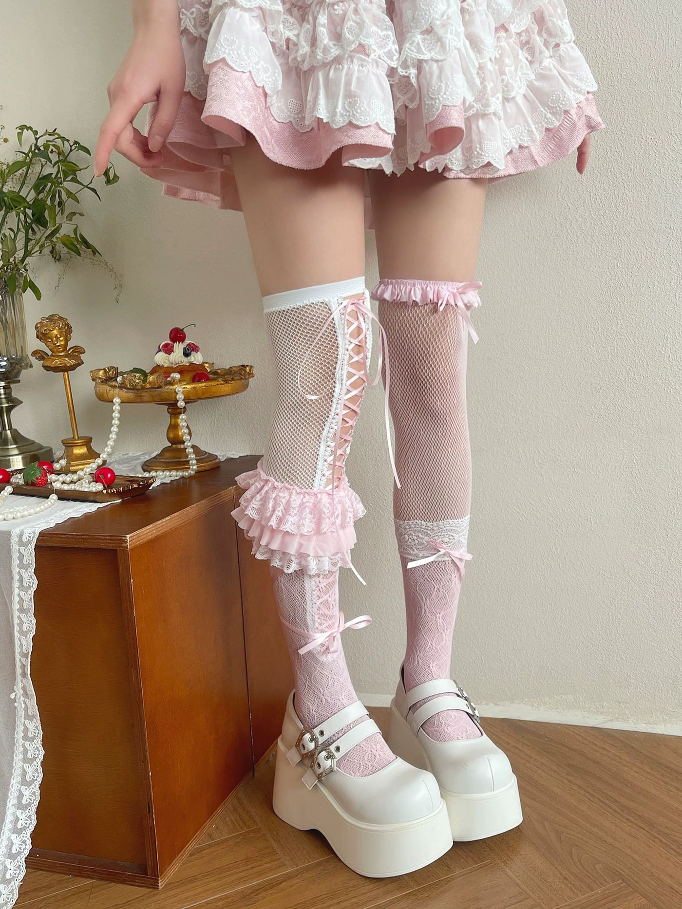 Sock Noble - Pink Lace Layering - Over-the-knee socks with layered lace trims and ribbon ties