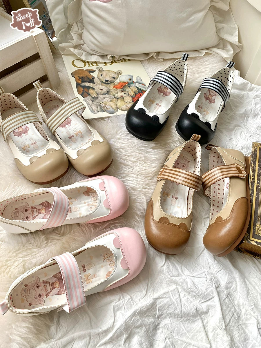 Sheep Puff low heel Lolita shoes with sheep puff bear milk candy design, featuring cute pastel colors and decorative bows.