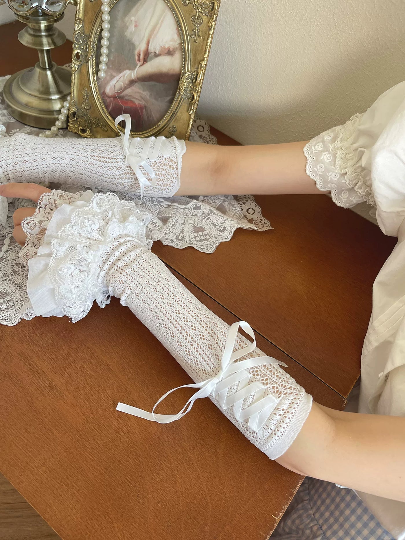 Sock Noble - Ballet Ribbon Lace - Arm Sleeves with Layered Ruffles and Ribbon Ties