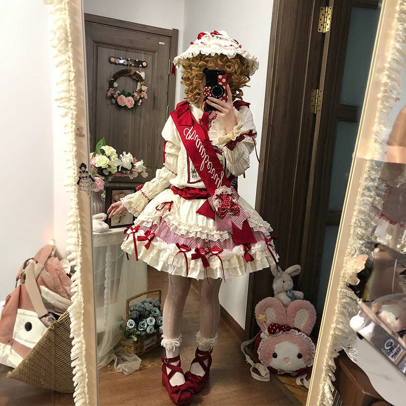 Snow Meow: Strawberry Sweetheart Red and Cream Lolita OP Dress Set