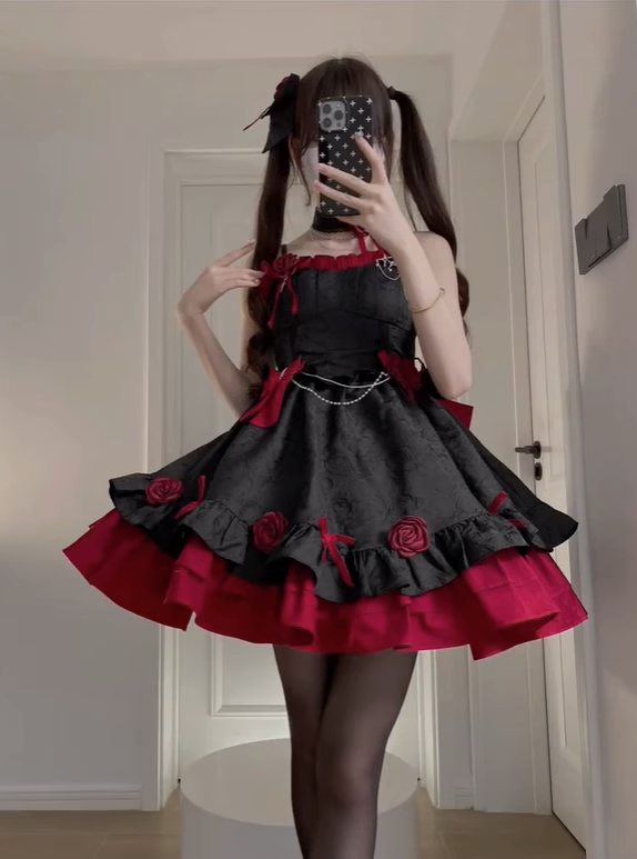 Black and red JSK with rose accents and layered ruffle skirt