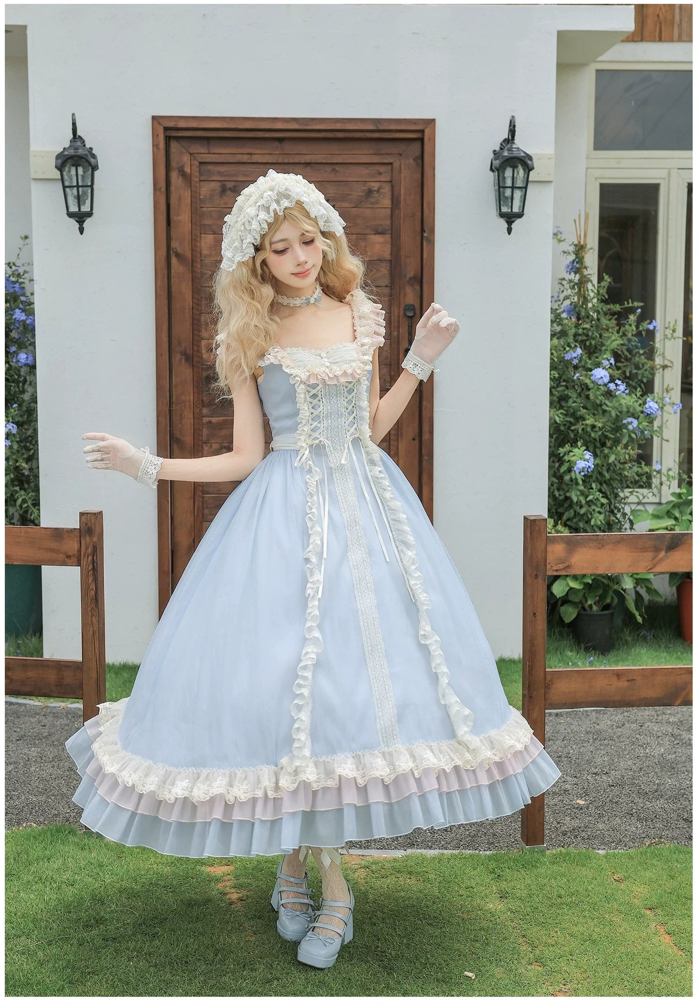 With PUJI - Island Diary - Classic Lolita Flutter Sleeve JSK Dress, Ruffled Lace