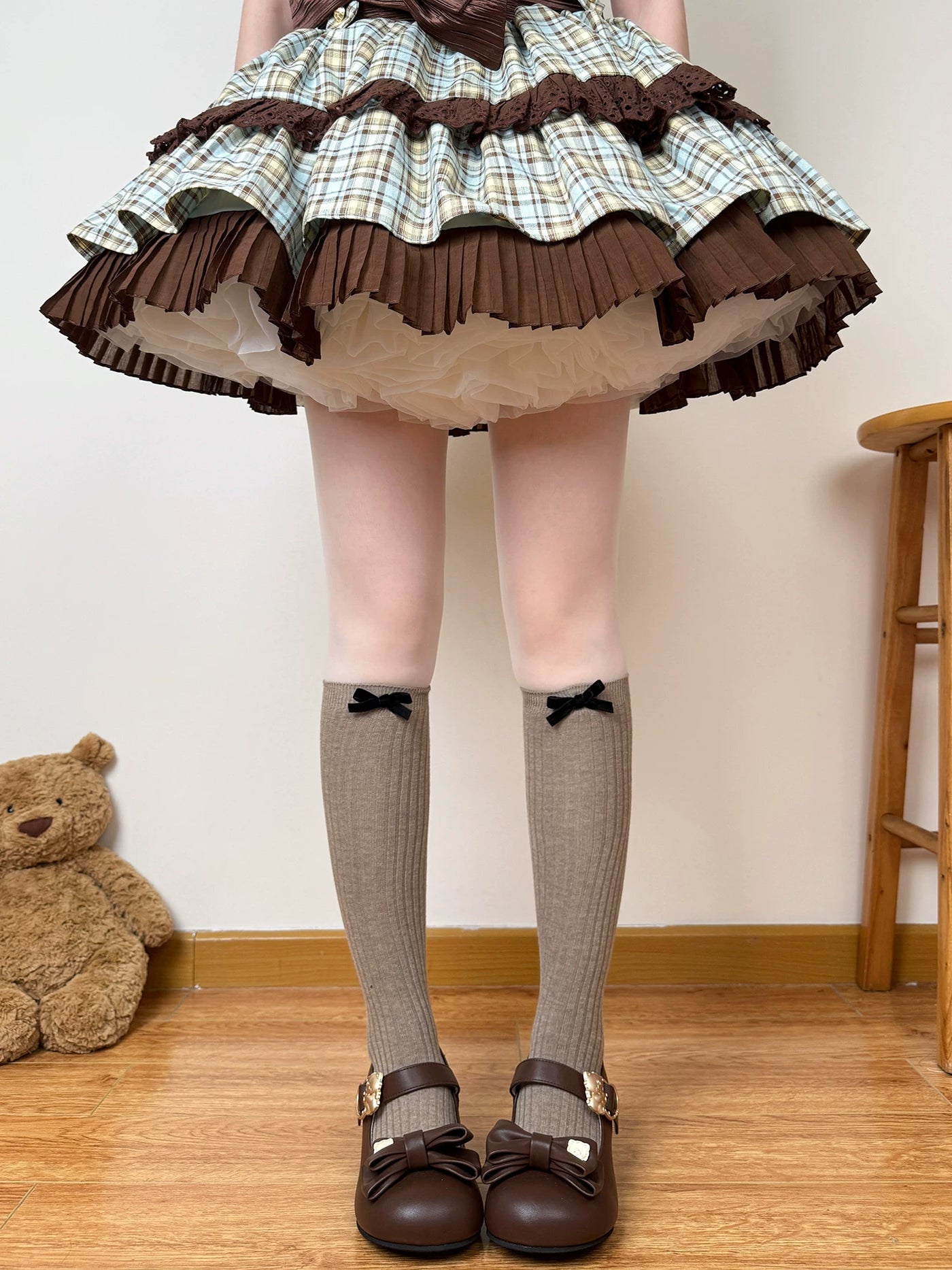 Chubby Bear Tales - Caramel Plaid - Slouch Calf Socks with Black Bows