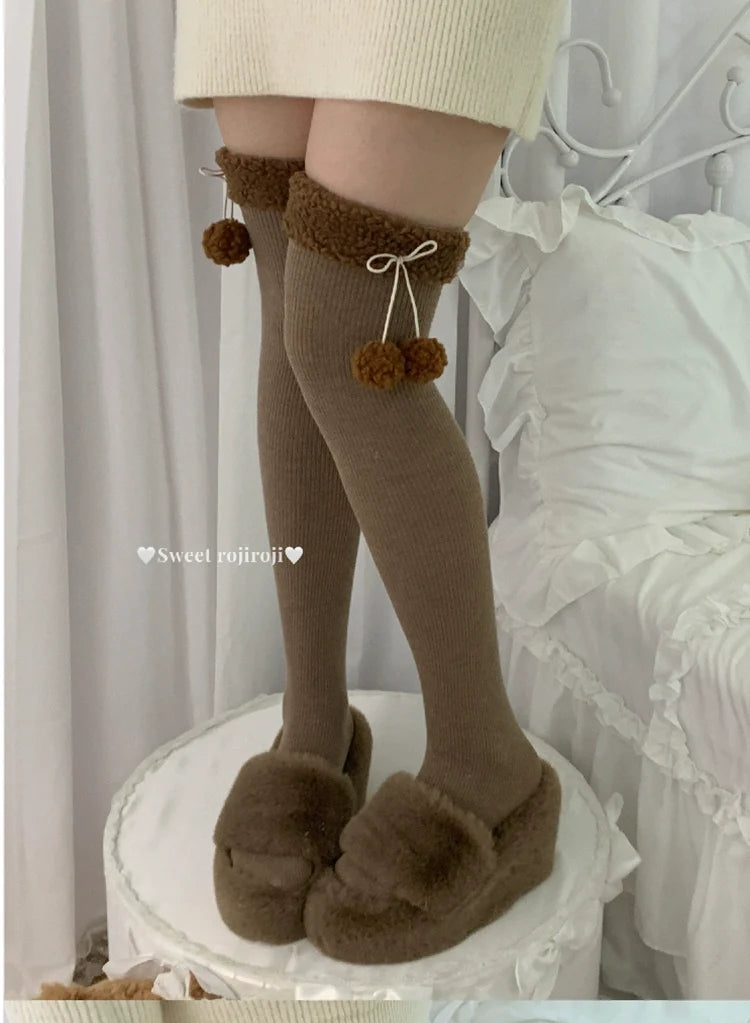 Roji Roji - Winter Fuzzy Ball Lolita Socks Over - Knee Thick Socks Socks