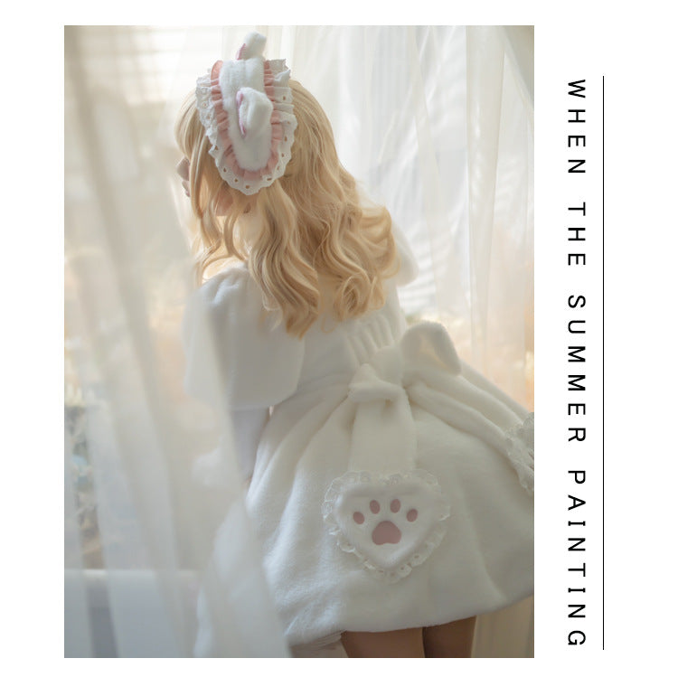 Eieyomi - Cat Planet - White-and-pink Lolita OP dress with cat-claw bows - product detail 11