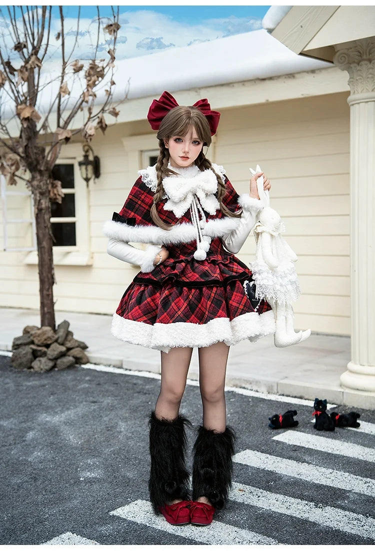 With PUJI - Snow Night Serenade - Fluffy Plaid Kawaii Lolita JSK, Reversible Cape