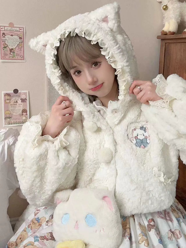 KUMA Studio Embroidered Curly-Plush Animal-Ear Jacket — Ivory Jacket - Supplier Dispatch within 5 Days