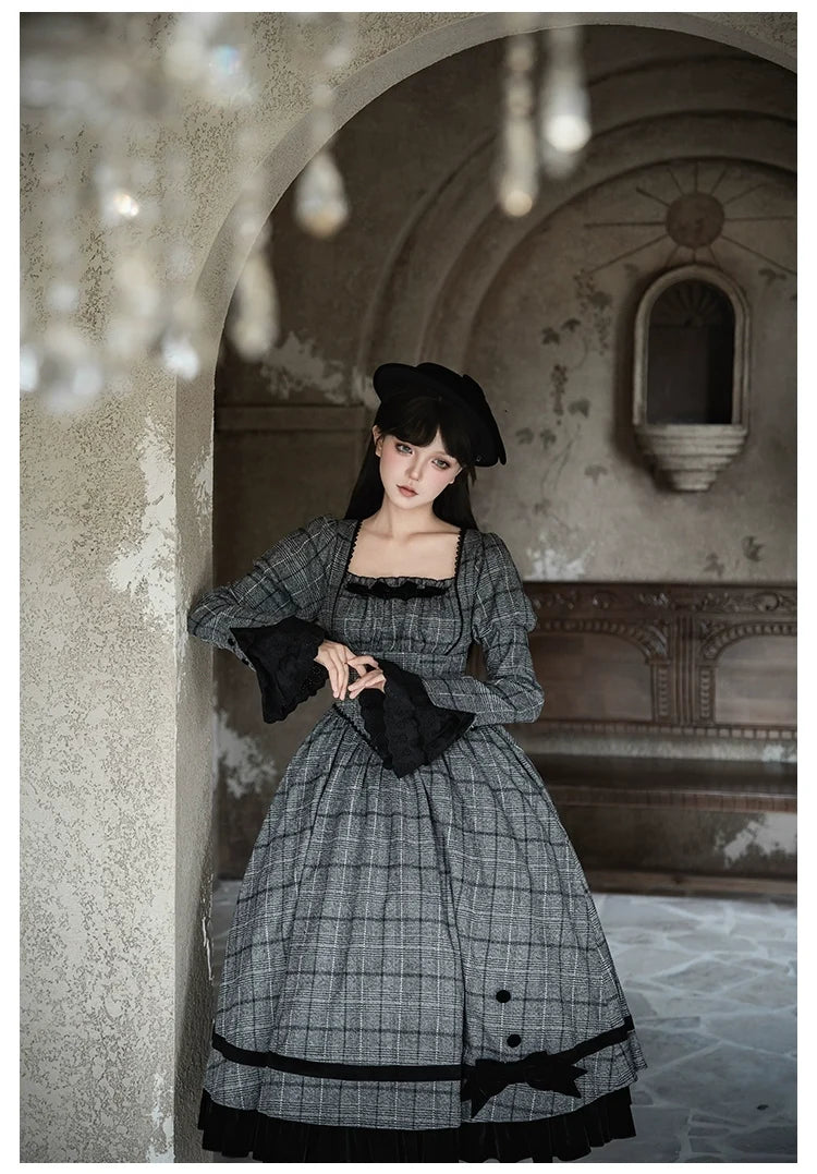 With PUJI - Yesterday's Epistle - Winter Classic Lolita Plaid Dress Set, Fishbone Waist