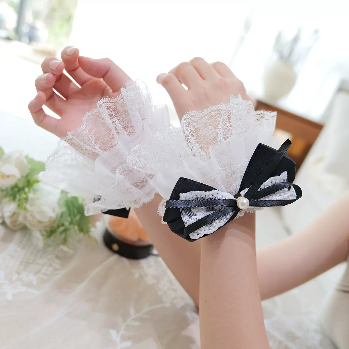 Fantasy Doll - Pearl Bow Lace - Wrist Cuffs with Pearl Accents