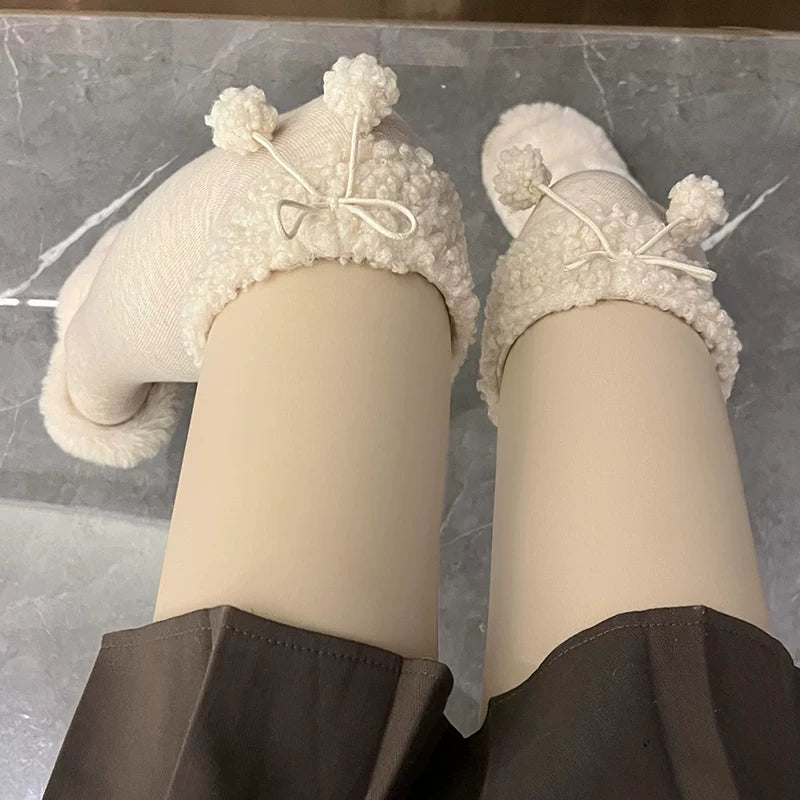 Floral Milk Cat - Milky Pom-Pom - Over-the-Knee Socks with Fleece Trim