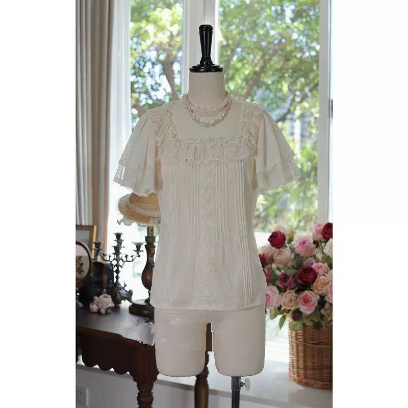 Sweet Lolita blouse in soft neutral tone with square neck and flutter sleeves