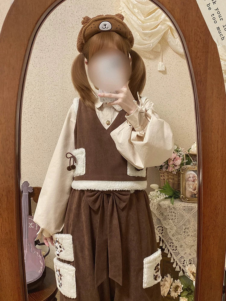 Baozi Pig - Milk Can Can - Brown-and-Cream Outfit Set with Bear Patches
