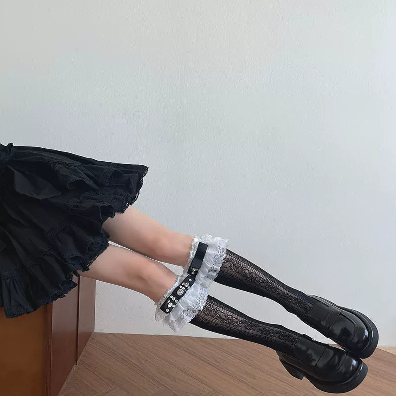 Sock Noble - Midnight Sparkle - Black Lace Mid-Calf Socks with Rhinestone Bow