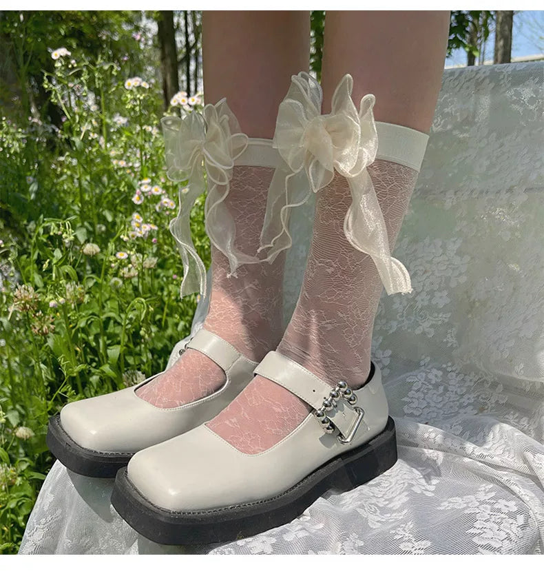 Sock Noble - Garden Ribbon - Mid-Calf Socks with a Floral Pattern and Sheer Bows