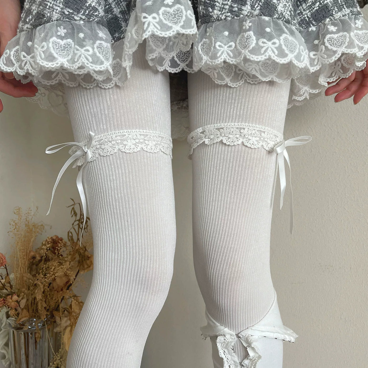Sock Noble - White Lace Layering - Tights and Mid-Calf Socks with Vertical Stripes