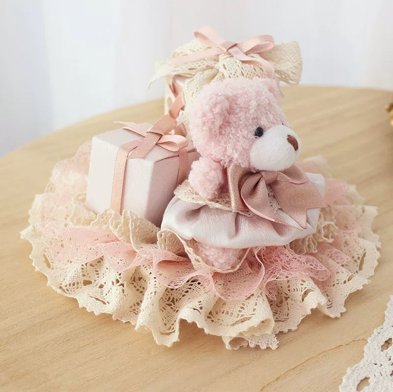 Deer Girl Handmade - Antique Doll Bear - Pink headwear selection with umbrella hat, KC and gift-box small top hat